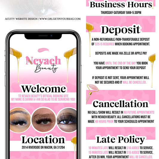 Acuity Scheduling Page Revamp Design For Lash Tech & Esthetician. Book full design for graphic design!